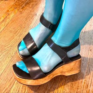 Vintage Y2K Black Leather & Wood Clog Platform Sandals